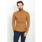 Çizgili Kamel Rengi Slim Fit Tam Balıkçı Yaka Erkek Kazak