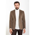 Çizgili Kamel Rengi Slim Fit Torba Cep Mono Yaka Kadife Erkek Ceket - 56