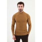Çizgili Kamel Slim Fit Yarım Balıkçı Yaka Erkek Triko Kazak - 2XL