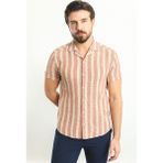 Çizgili Kiremit Rengi Slim Fit Apaç Yaka Kısa Kollu Erkek Gömlek - 2XL - Kiremit - Bej