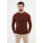 Çizgili Kiremit Rengi Slim Fit Bisiklet Yaka Erkek Triko Kazak - 2XL