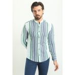 Çizgili Lacivert Renk Slim Fit Hakim Yaka Uzun Kollu Erkek Gömlek - Lacivert-Ekru