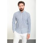Çizgili Lacivert Renk Slim Fit Uzun Kollu Keten Erkek Gömlek - Lacivert-Beyaz