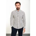Çizgili Lacivert Slim Fit Uzun Kollu Keten Erkek Gömlek - Ekru - Lacivert