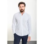 Çizgili Mavi Rengi Slim Fit Uzun Kollu Keten Erkek Gömlek - XL - Mavi - Beyaz