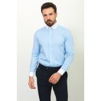 Çizgili Mavi Renk Slim Fit Bebe Yaka Klasik Erkek Gömlek - XL - Mavi - Beyaz