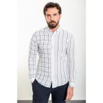 Çizgili Mavi Slim Fit Uzun Kollu Keten Erkek Gömlek - 2XL - Beyaz - Mavi
