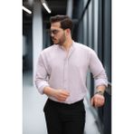 Çizgili Müslin Kumaş Yarım Pat Erkek Gömlek - Bej - XL