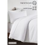 Çizgili Saten Çift Kişilik Lastikli Çarşaf Düğmeli Nevresim Takımı 2 Adet Yastık KILIFI,83TEL - Beyaz - 160 x 200 cm