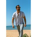 Cizgili Siyah Renk Slim Fit Apaç Yaka Kısa Kollu Erkek Gömlek - XL - Ekru - Siyah