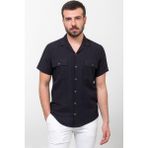 Çizgili Siyah Renk Slim Fit Apaç Yaka Kısa Kollu Keten Erkek Gömlek