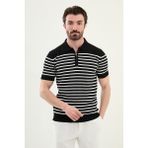 Çizgili Siyah Slim Fit Fermuarlı Polo Yaka Erkek Triko T-Shirt - XL
