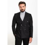 Çizgili Siyah Slim Fit Geniş Yaka Kruvaze Yün Erkek Ceket - 48