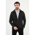 Çizgili Siyah Slim Fit Gömlek Yaka Yün Erkek Mont - 50
