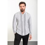 Çizgili Siyah Slim Fit Uzun Kollu Erkek Gömlek - Beyaz - Siyah