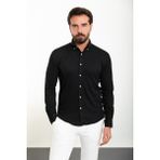 Çizgili Siyah Slim Fit Uzun Kollu Gofre Erkek Gömlek - 2XL