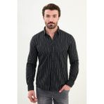 Çizgili Siyah Slim Fit Yün Erkek Gömlek - 2XL