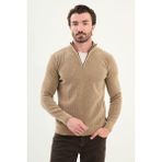 Çizgili Slim Fit Fermuarlı Yarım Balıkçı Yaka Şönil Kumaş Erkek Triko Kazak - Bej