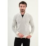 Çizgili Slim Fit Fermuarlı Yarım Balıkçı Yaka Şönil Kumaş Erkek Triko Kazak - Ekru - XL