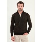 Çizgili Slim Fit Fermuarlı Yarım Balıkçı Yaka Şönil Kumaş Erkek Triko Kazak - Kahverengi - 2XL