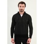 Çizgili Slim Fit Fermuarlı Yarım Balıkçı Yaka Şönil Kumaş Erkek Triko Kazak - Siyah