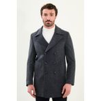 Çizgili Slim Fit Geniş Yaka Kruvaze Kaşe Erkek Kaban - Lacivert - Gri - 58