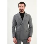 Çizgili Slim Fit Geniş Yaka Kruvaze Metal Düğmeli Erkek Takım Elbise - 46 - Gri - 6 Drop