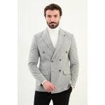 Çizgili Slim Fit Geniş Yaka Kruvaze Yün Erkek Ceket - Gri - 56
