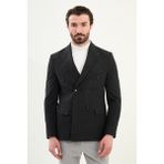 Çizgili Slim Fit Geniş Yaka Kruvaze Yün Erkek Ceket - Siyah - 52