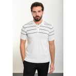 Çizgili Slim Fit Polo Yaka Erkek Triko T-Shirt - Ekru