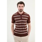 Çizgili Slim Fit Polo Yaka Erkek Triko T-Shirt - Kiremit