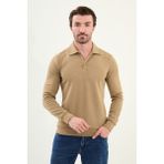 Çizgili Slim Fit Polo Yaka Uzun Kollu Pamuk Erkek T-Shirt - Vizon