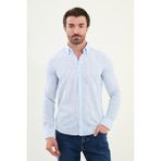 Çizgili Slim Fit Uzun Kollu Keten Erkek Gömlek - Mavi