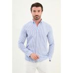 Çizgili Slim Fit Uzun Kollu Keten Erkek Gömlek - Saks