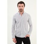 Çizgili Slim Fit Uzun Kollu Keten Erkek Gömlek - Siyah