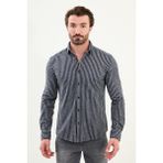 Çizgili Slim Fit Yün Erkek Gömlek - XL - Lacivert - Gri