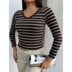 Çizgili ve Yaka Bluz - Kahve - M