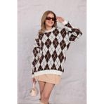 Ckm Moda Argyle Baklava Desenli Yünlü Triko Kazak Krem Kahve - Krem - Kahverengi - Standart