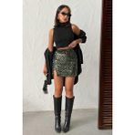 Ckm Moda Astra Işıltılı Yırtmaçlı Mini Etek Haki