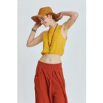 CLANDESTINO Beli Lastikli Basic Crop Bluz Hardal