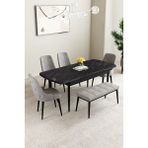 Clara Siyah Mermer Desen 80X132 Açılabilir Yemek Odası Takımı 4 Sandalye, 1 Bench - Gri