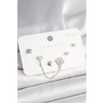 Clariss 925 Ayar Gümüş Çivi Pirinç Gümüş Renk Zirkon Taşlı Yonca Model Sallantı Zincir Detay Kadın Küpe Seti