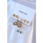 Clariss BJ-BKP7720 316L Çelik Gold Renk Zirkon Taşlı Yonca Figür Salanttı Nazar Boncuk Model Kadın Küpe Seti