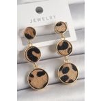 Clariss Pirinç Gold Renk 3'Lü Leopar Desenli Sallantı Daire Plaka Model Kadın Küpe