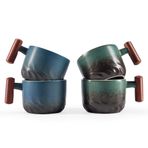 CLASGLAZ Ahşap Saplı 2.5oz Seramik Espresso Bardakları, Küçük Kahve Fincanları Çift Atış Espresso Bardakları 4'lü Set