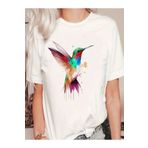 CLASSY.MODA Süprem T-shirt - Beyaz Baskılı Kuş Oversize Bisiklet Yaka Kısa Kol Tişört
