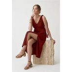 clavia Yazlık Elbise, Örgülü Bağlama Detaylı Askılı Helen Boheme Midi %100 Müslin Günlük Elbise, Bordo