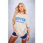 CLAYES Boston Massachusetts Süprem T-Shirt - Bej Baskılı Oversize Bisiklet Yaka Kısa Kol Tişört