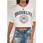 CLAYES Brooklyn 1898 Adventure Baskılı Kadın Crop Beyaz T-shirt