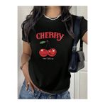 CLAYES Cherry Happy Baskılı Siyah Tshirt Anne Kız Kombin - Oversize Bisiklet Yaka Tişört